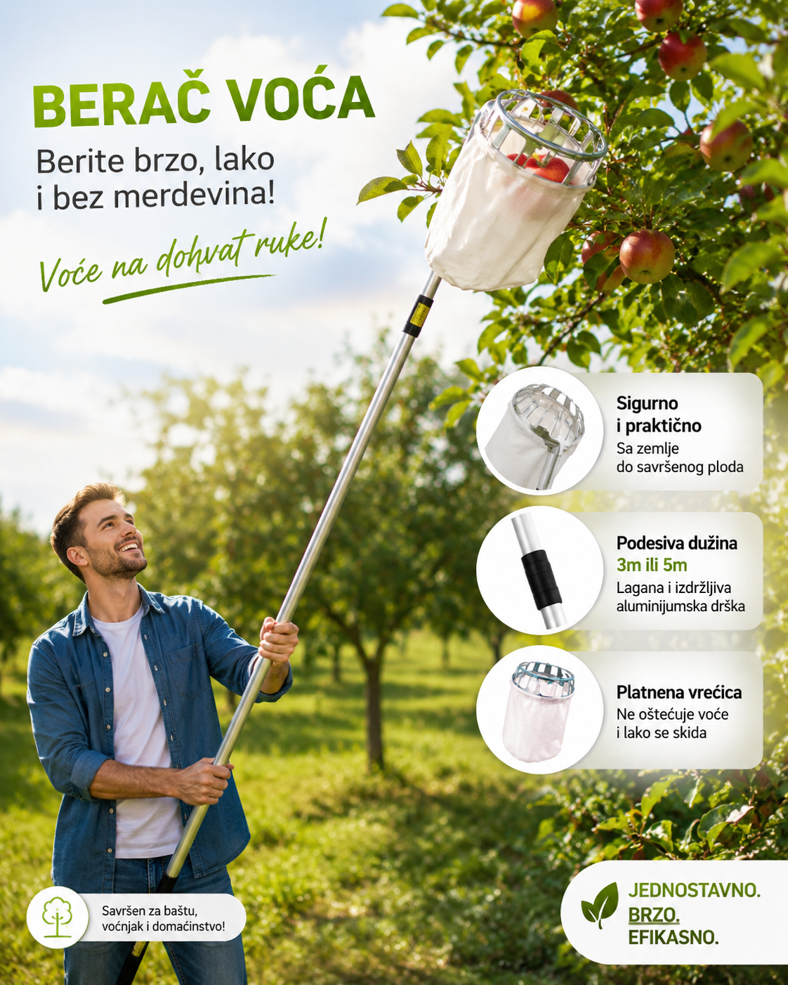 berač voća, profesionalni berač voća, teleskopski berač voća, berač voća 3m, berač voća 5m, alat za branje voća, voćnjak, voćarstvo, baštenski alat, baštenska oprema, teleskopska drška, aluminijumska drška, platnena vrećica, branje jabuka, branje krušaka, branje šljiva, branje trešanja, branje kajsija, branje breskvi, branje voća bez merdevina, voćarski alat, oprema za voćnjak, alat za baštu, garden tools, fruit picker, telescopic fruit picker, orchard tools, outdoor, domaćinstvo, TimShop