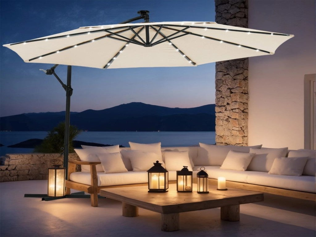 Premium Baštenski Suncobran sa LED Svetlima – Podesivi Nagib i Solarno Napajanje